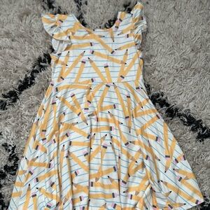 Playful Pencil Print Kids Dress - Yellow and White